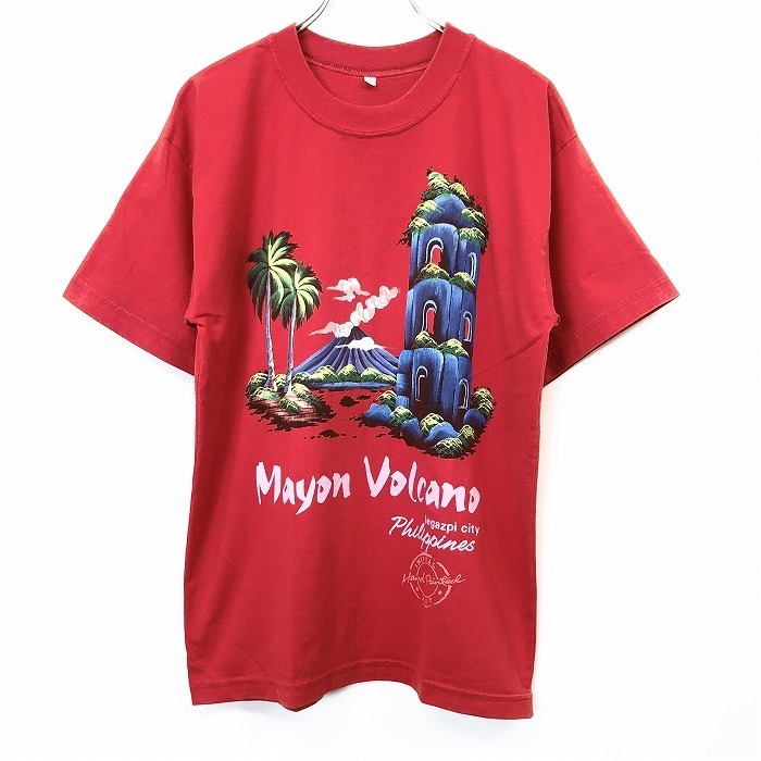 Tシャツ カットソー インポート古着 Philippines legazphi city Mayon Volcano ハンドペイント 火山 ヤシの木 半袖 M 赤 メンズ 男性_画像1