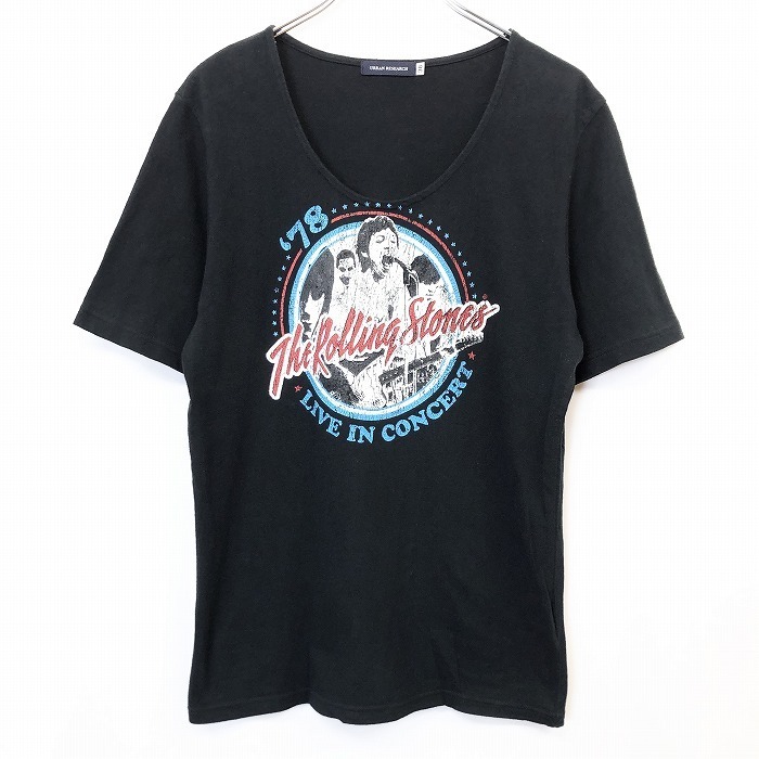 アーバンリサーチ URBAN RESEARCH Tシャツ プリント The Rolling Stones ローリングストーンズ Uネック 半袖 綿100% 38 黒 レディース_画像1