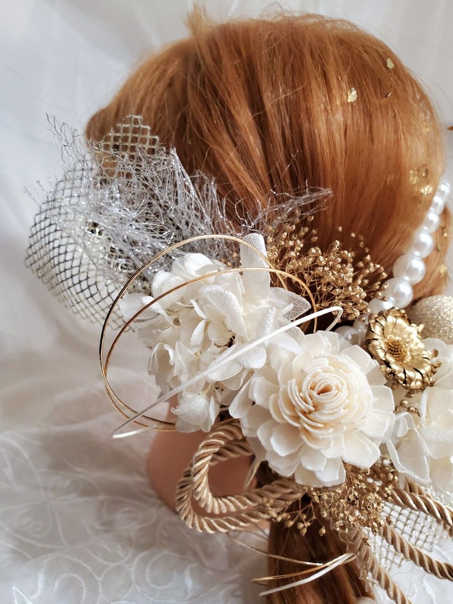 成人式 卒業式 結婚式 髪飾り カチューシャ 金箔 水引 ピアス-