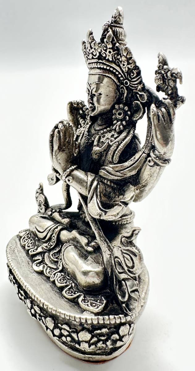 六字咒観音菩薩像 仏教 チベット シルバーアンティーク風-