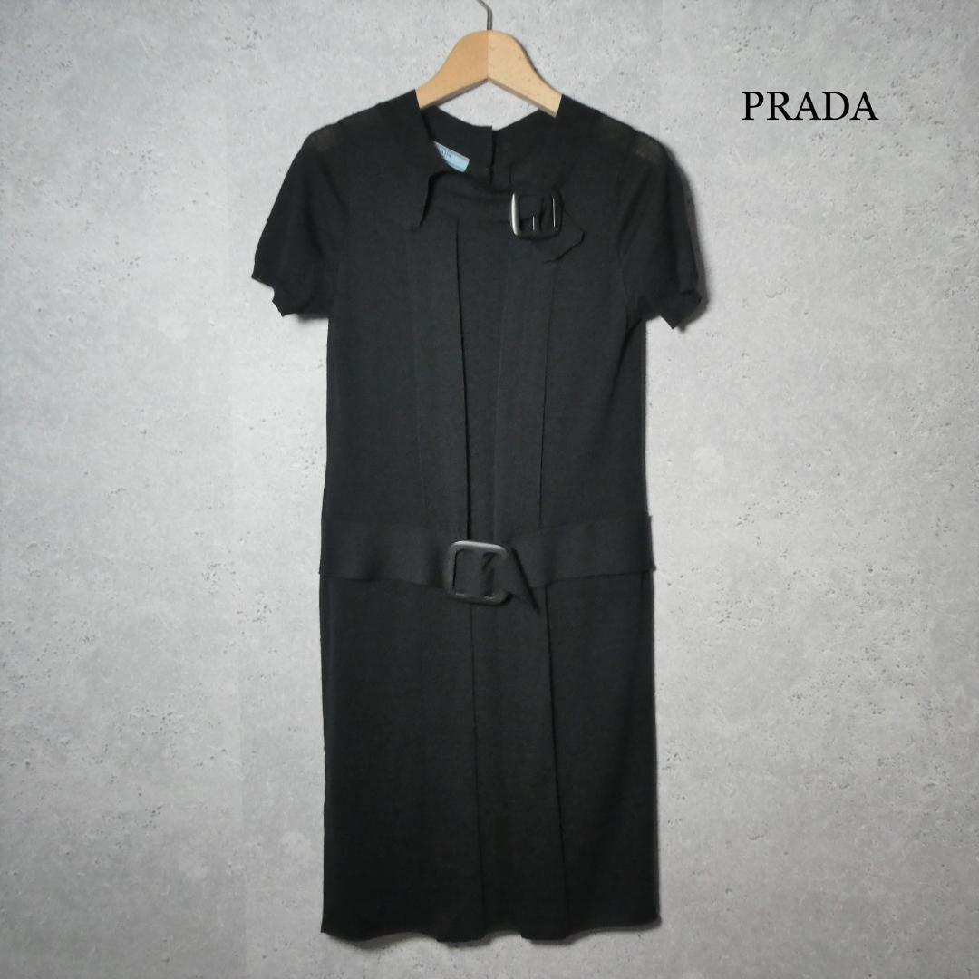 ほぼ美品 PRADA プラダ シルク混 バックボタン プリーツ ベルト クルーネック 半袖 膝丈 ニット シャツ ワンピース 36 黒 ブラック A1584