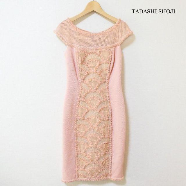 美品 TADASHI SHOJI チュール フラワー装飾 膝丈 タイトワンピース-