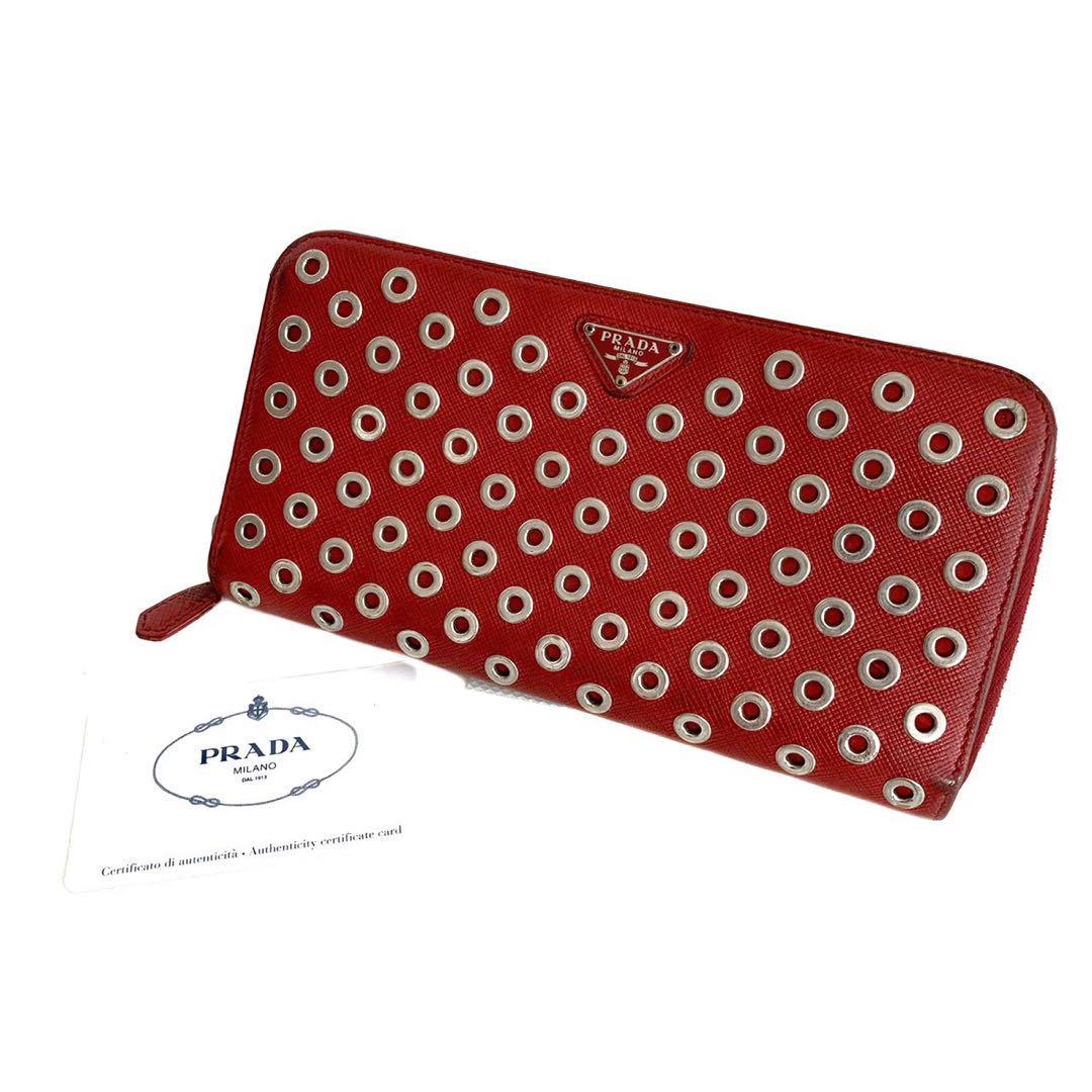 全国総量無料で PRADA プラダ 赤 三角ロゴ ラウンドファスナー 財布 長財布 女性用財布