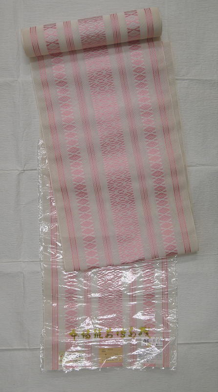 処分超特価：本場筑前博多織・正絹紗夏献上八寸帯・白ピンク