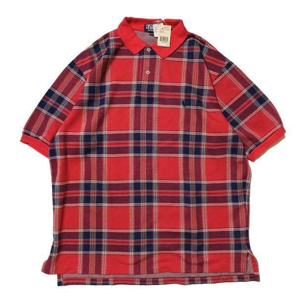 デッドストック 90's USA製 ポロラルフローレン チェック コットン ポロシャツ 半袖 (XL) 赤系 90年代 アメリカ製 旧タグ オールド