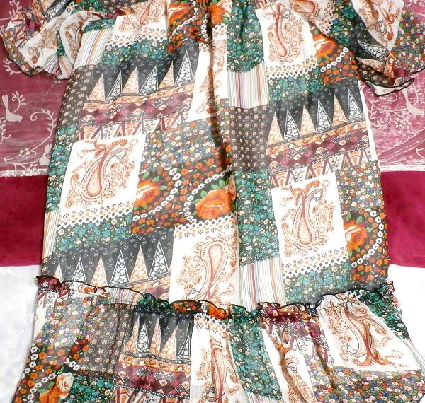 オレンジ緑茶エスニック柄シフォンネグリジェチュニックワンピース Orange green ethnic pattern ruffle chiffon negligee tunic dress_画像2