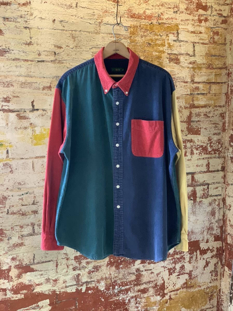 90s J.CREW CRAZY PATTERN CORDUROY B.D.SHIRT クレイジーパターン コーデュロイシャツ ボタンダウンシャツ アメトラ トラッド TRAD 80s XL_画像1