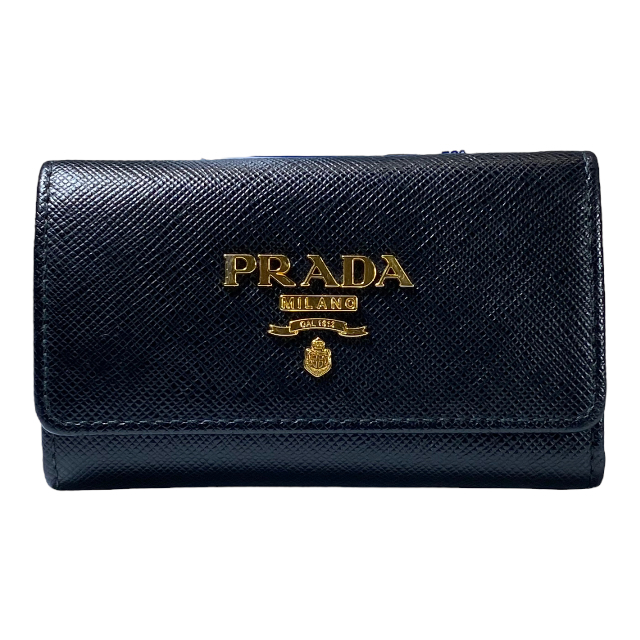 PRADA プラダ 4連 キーケース キーリング レザー ロゴ ブラック ゴールド金具