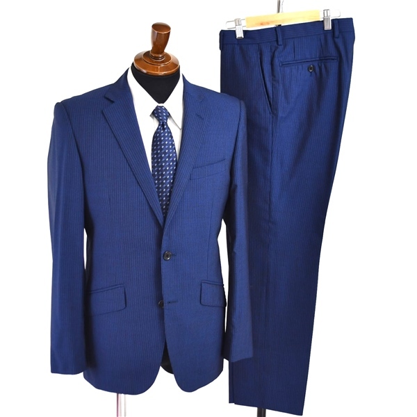 3TE060] on Lee made in Italy cloth super130\'s 2. button single suit 38 / Y6 / M dark blue. stripe cuffs 4..no- tuck 7-0122-22-408