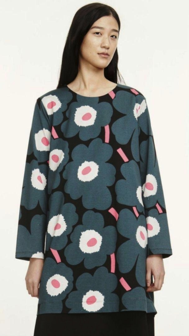 marimekko マリメッコ★チュニックワンピース 長袖 ウニッコ 花柄 グリーン系 ルック カットソーワンピース コットン サイズM 5217-1-44947_画像1