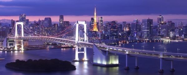 レインボーブリッジと東京タワーのパノラマ夜景 お台場 絵画風 壁紙ポスター 特大パノラマ版1440×576mm はがせるシール式 103P1_画像1