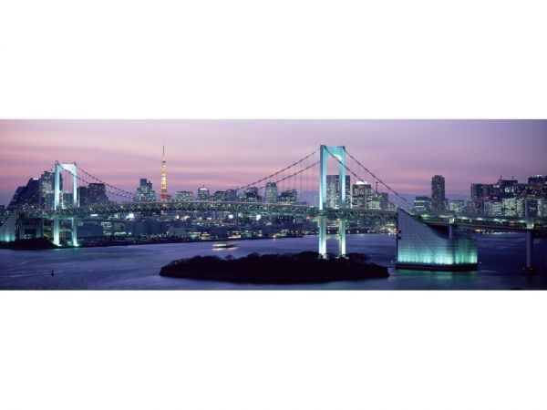 レインボーブリッジ 夕暮れ 夜景 東京タワー 絵画風 壁紙ポスター 特大パノラマ版 1842×576mm（はがせるシール式 004S1_画像1