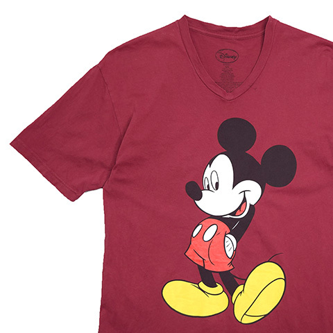 【Mサイズ】 ディズニー ミッキーマウス キャラクター Vネック Tシャツ メンズM エンジ色 Disney ディズニーランド アメカジ 古着 BA3673