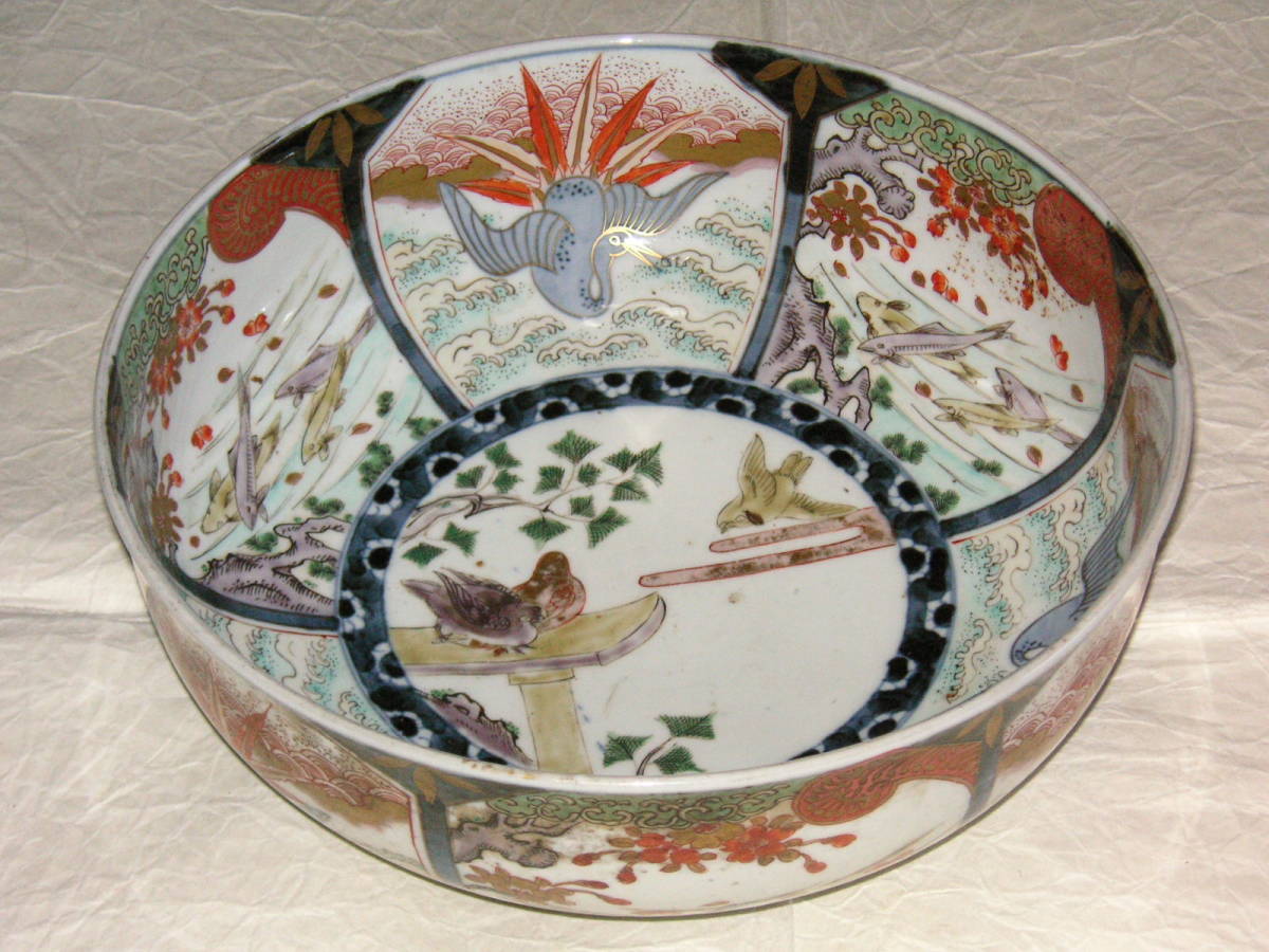錦 鉢 伊万里 古伊万里 波鳥 魚図 色絵 金彩 (2016513