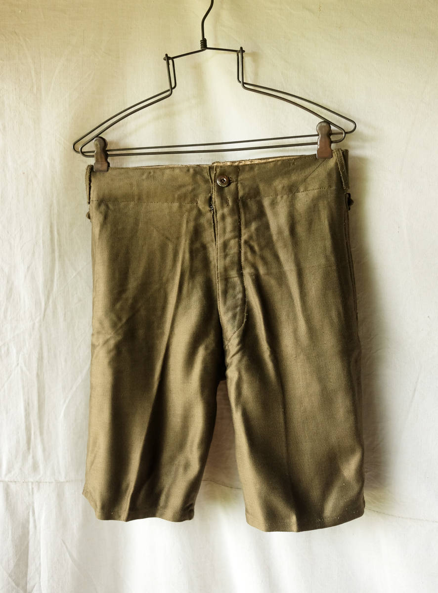 1930's フランス ヴィンテージ オリーブ色のリネンモールスキン サイド