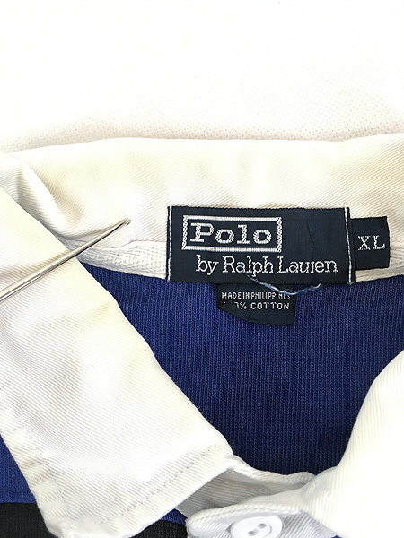 古着 Polo Ralph Lauren 青×紺 太ピッチ ボーダー ラガー ラグビー シャツ XL 古着の画像5