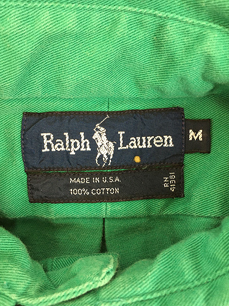 古着 90s USA製 Ralph Lauren ワンポイント ソリッド コットンツイル BD シャツ 緑 M 古着_画像5