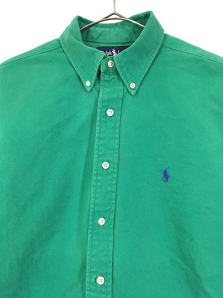 古着 90s USA製 Ralph Lauren ワンポイント ソリッド コットンツイル BD シャツ 緑 M 古着_画像2