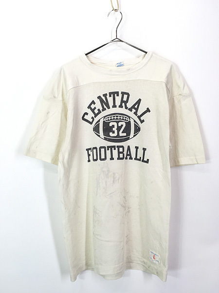 古着 70s USA製 Champion 「CENTRAL FOOTBALL」 染込み レーヨン フットボール Tシャツ L 古着