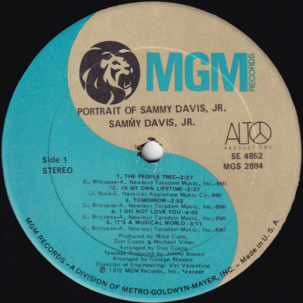 米国LP☆ SAMMY DAVIS, JR. Portrait Of Sammy Davis, Jr.（US MGM SE-4852）サミー・デイヴィス Jr._ALTO PRODUCTIONSの表示が右端にあります