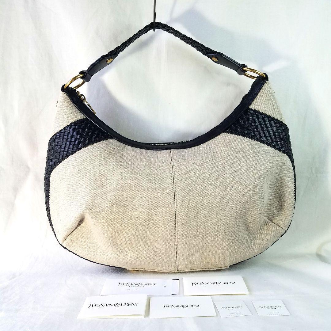 イヴ・サンローラン リヴゴーシュ コンビメッシュショルダー イントレチャート ショルダーバッグ 麻 Yves saint Laurent rivegauche