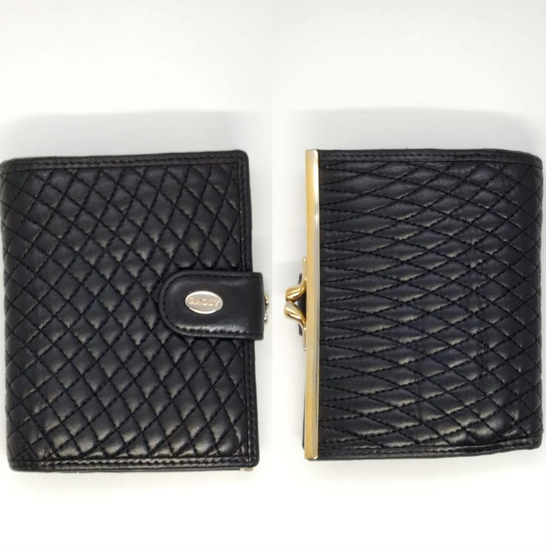 美品 バリー BALLY マトラッセ ラムスキン レザー がま口 二つ折り財布 ブラック 黒 キルティング ジュニインレザー 定期入れ イタリア製