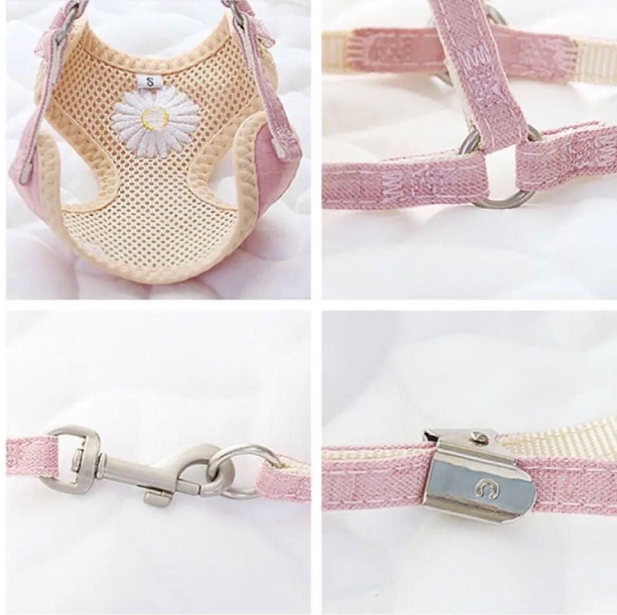 花刺繍ハーネスポーチ付きリードセット ピンク Sサイズ ペット用品 犬