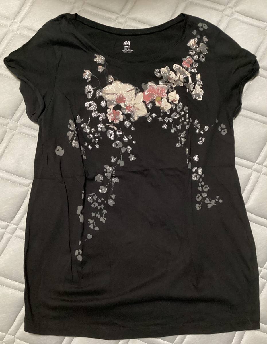 H＆M 　 Lサイズ　マタニティTシャツ　　黒　花柄　綿100%_画像1