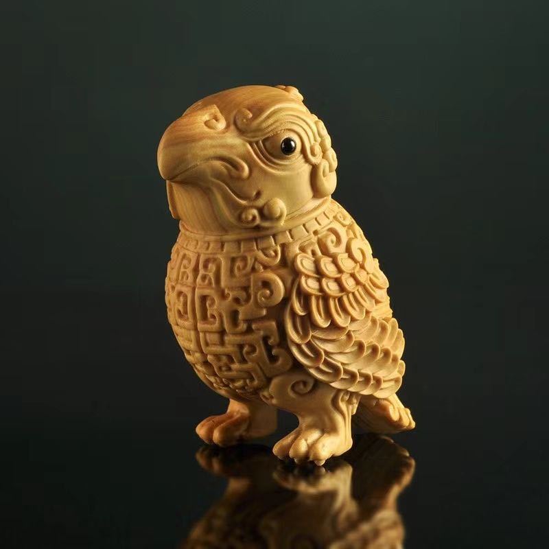 送料無料 柘植の木彫り 鳥彫刻 鎮宅霊符 お守り 古美術 仏教美術 工芸