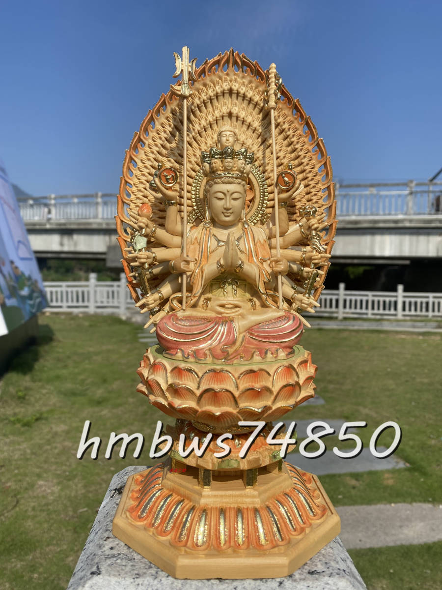 稀少品 仏教美術 千手観音坐像 仏像 彫刻 ヒノキ檜木 自然木 職人 手作り 置物 美術品 東洋彫刻 高さ28cm