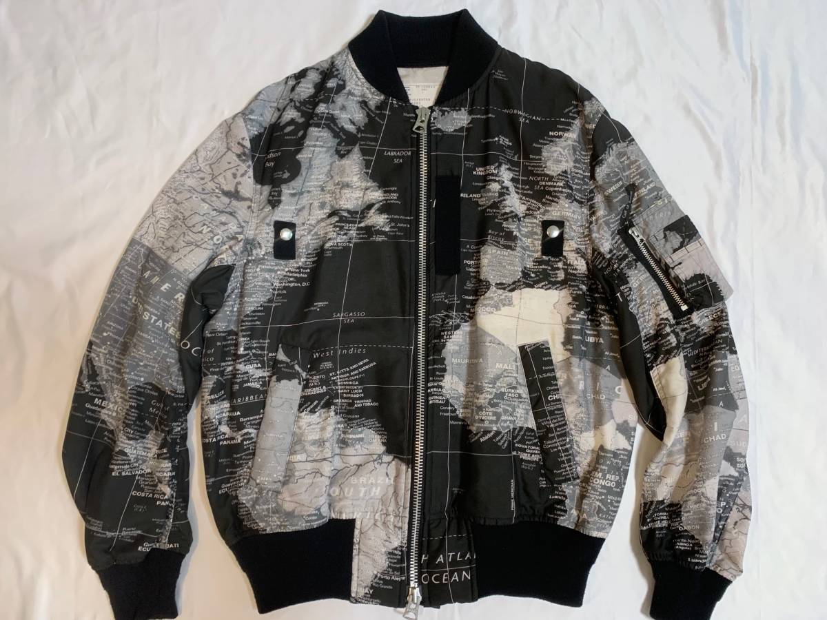 輝い sacai サカイ ワールドマップ 世界地図 ブルゾン MA-1 白黒