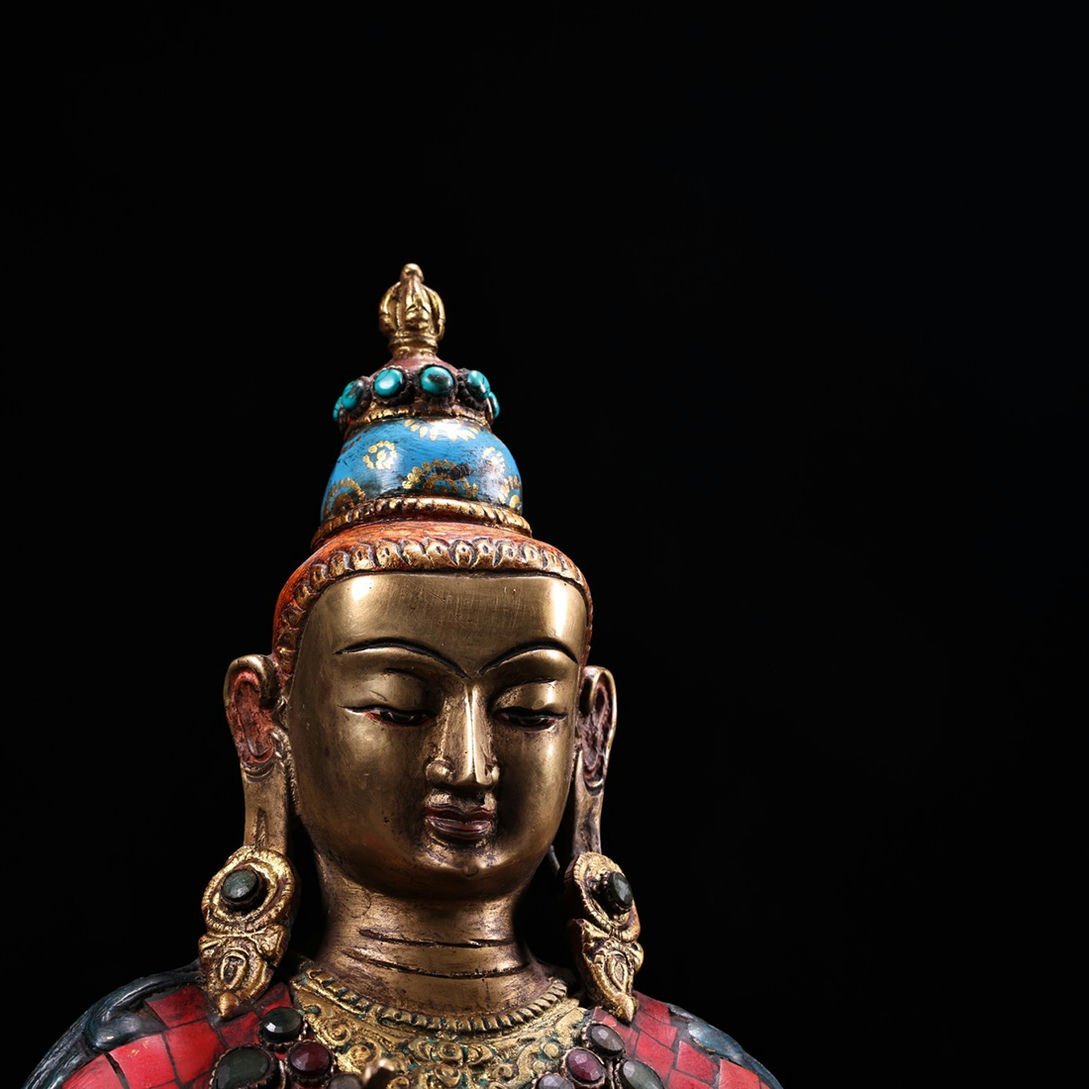 □青澤古美術□G797清時代 仏教古美術 チベット密教 銅製嵌宝石彩絵