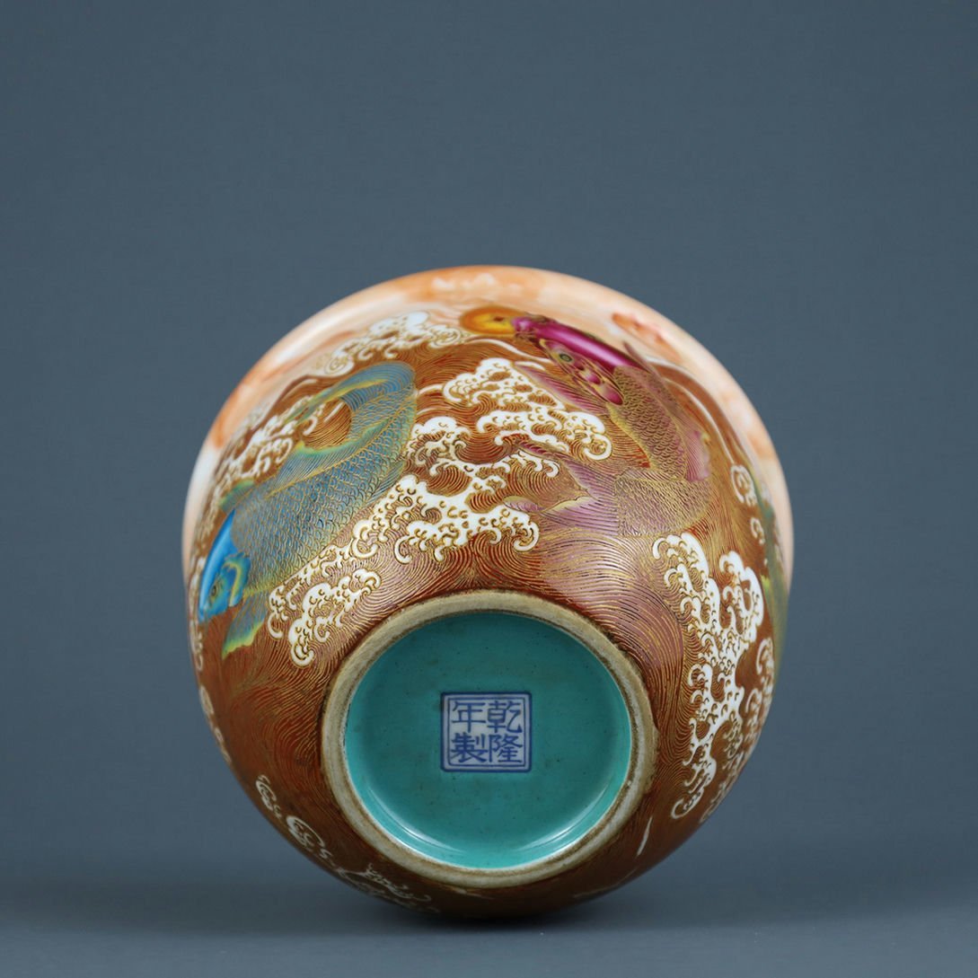 □青澤古美術□G044清乾隆 嵌絲琺瑯彩海水魚紋缸一対・古陶磁器 ・珍品