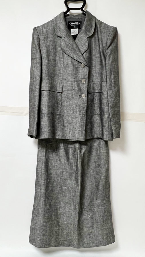 CHANEL Chanel женский костюм жакет юбка linen шелк серый номер кнопка Vintage 98P размер :40