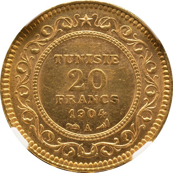 チュニジア 20フラン金貨 AH1322/1904年A 極美品～未使用品 紋章 NGC 