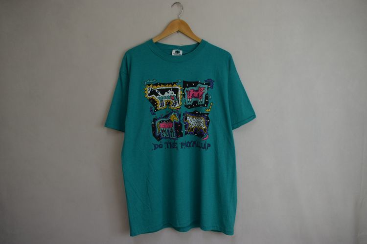 デッドストック◎90sビンテージアメリカ製KINGSTREE CLASSICプリントボーダー半袖TシャツXLエメラルドグリーンアメカジ nr23739_画像2