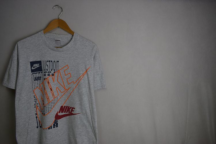 グッドプリントUSA製90sビンテージNIKEナイキ半袖クルーネックプリントTシャツL霜降りグレー100綿アメカジスポーツストリートnr23774_画像1