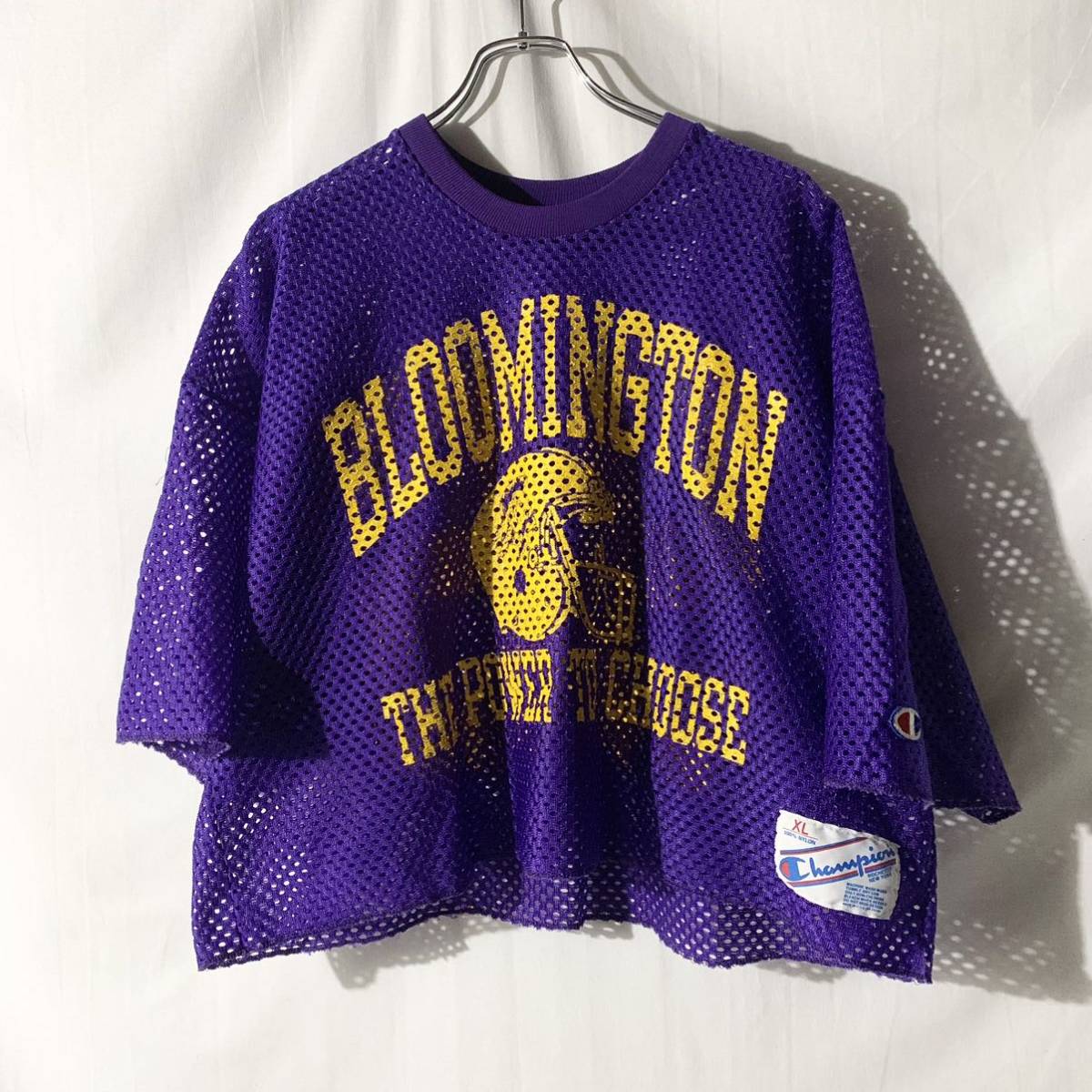 90s USA製 Champion チャンピオン メッシュ T アメフト BLOOMINGTON ナンバリング 紫×黄 XL ヴィンテージ Tシャツ ゲームシャツ OLD
