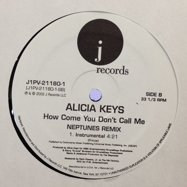 12inchレコード　ALICIA KEYS / HOW COME YOU DON'T CALL ME NEPTUNES REMIX_画像1