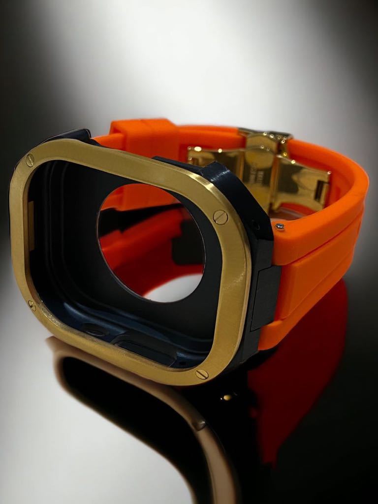 アップルウォッチ　ウルトラ　カバー　Apple Watch ultra 49mm ラバー　ベルト　バンド　ケース　49ミリ　/ブラックゴールドオレンジ