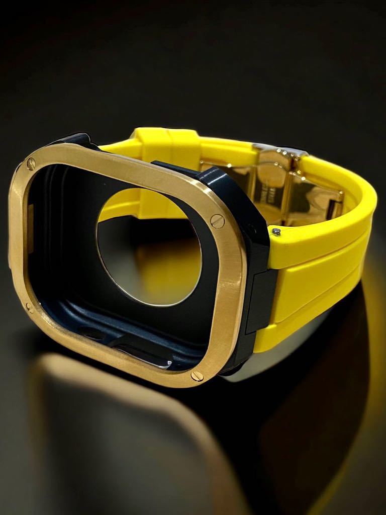 アップルウォッチ ウルトラ カバー Apple Watch ultra 49mm ラバー ベルト バンド ケース 49ミリ /ブラックゴールドイエロー 格安saleスタート