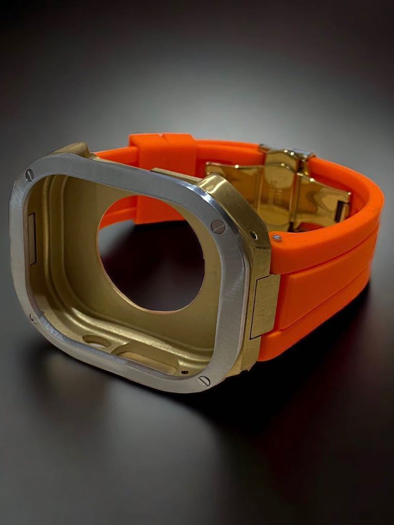 アップルウォッチ　ウルトラ　カバー　Apple Watch ultra 49mm ラバー　ベルト　バンド　ケース　49ミリ　/ゴールドシルバーオレンジ