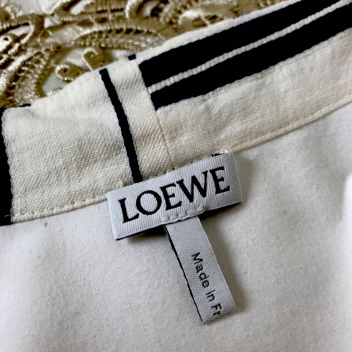 LOEWE ロエベ　バンドカラー切り替えロングワンピース　リネン混　ストライプ　オフホワイト　ブルー　白　サイズ36