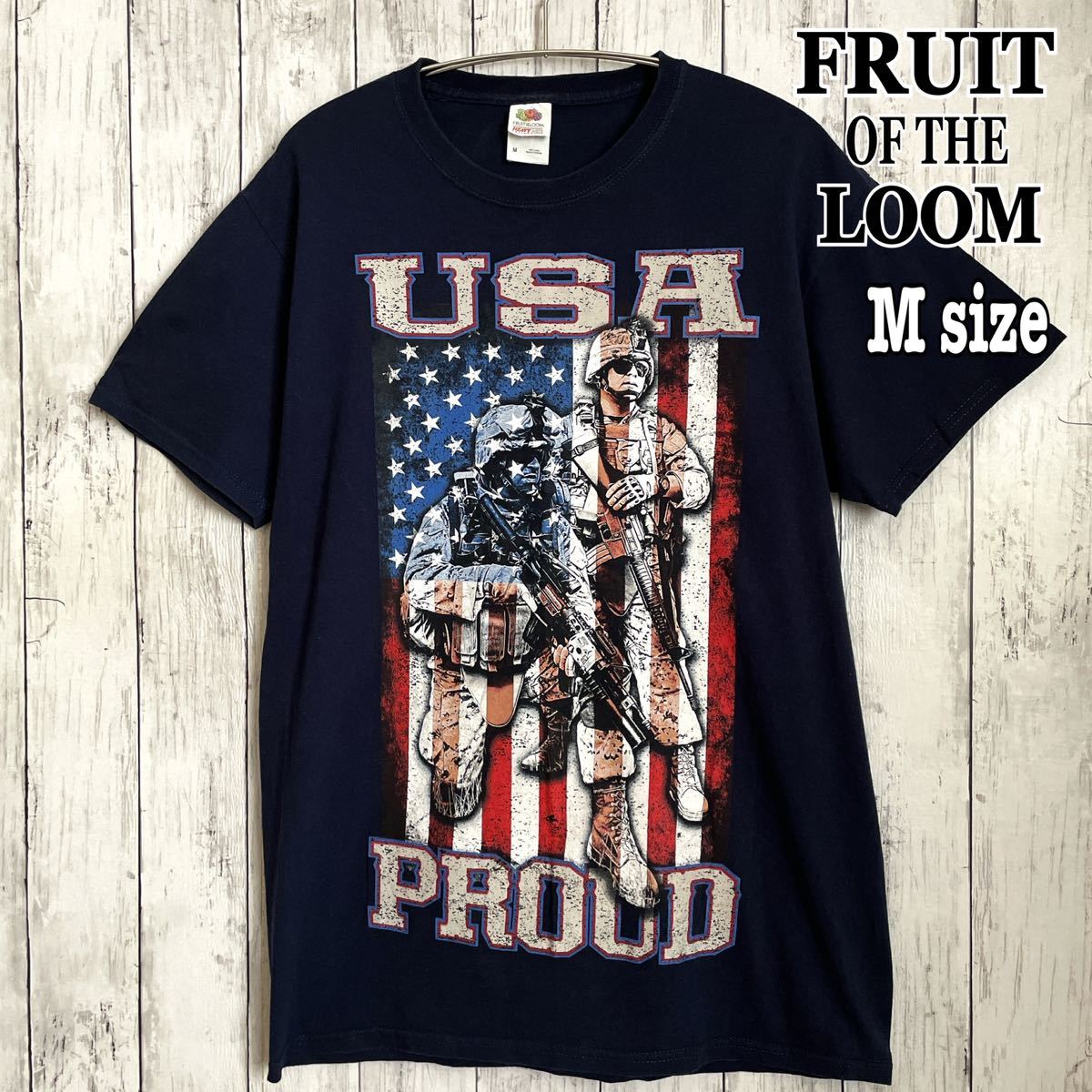 USA 星条旗 軍隊 紺色 ネイビー 半袖 プリントTシャツ FRUIT OF THE LOOM フルーツオブザルーム ビッグプリント 古着 クルーネック