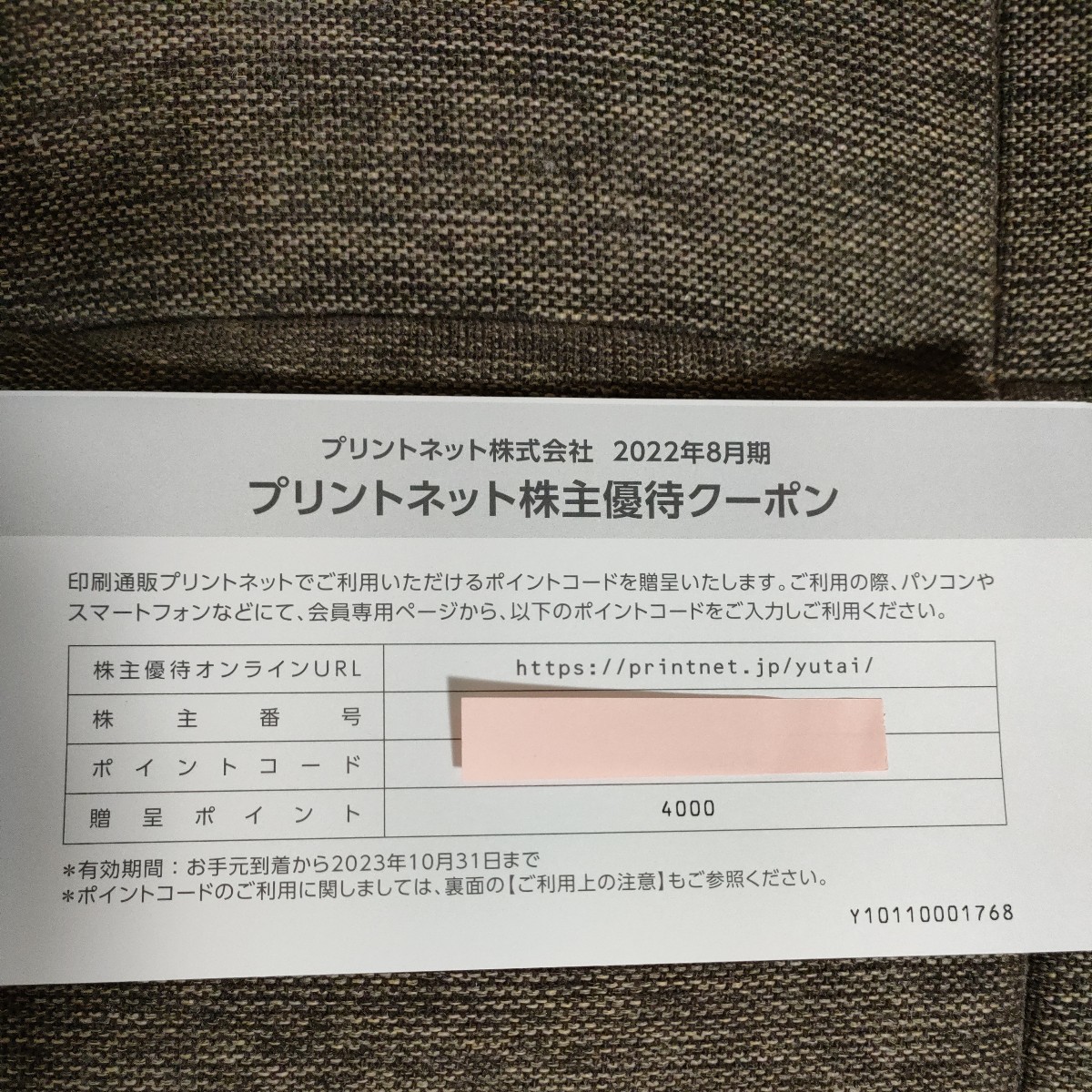 プリントネットの株主優待 株主優待クーポン 4000円分です 有効期限