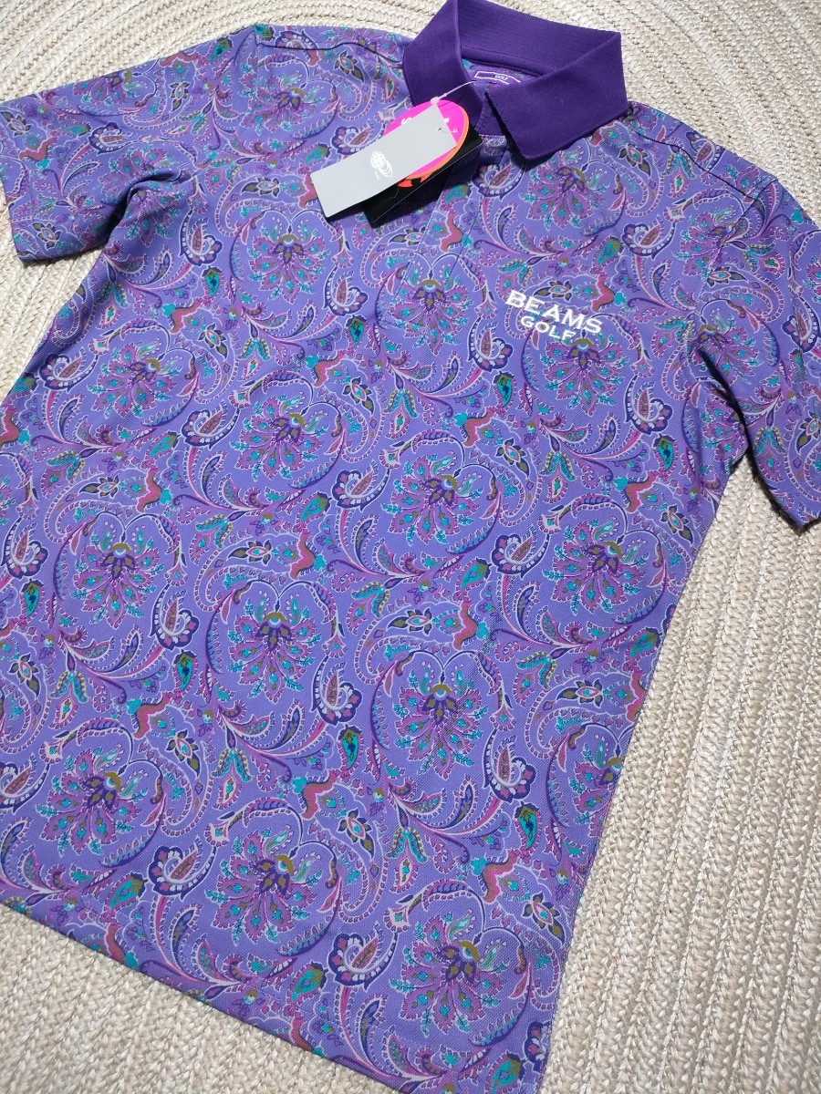 新品 日本製 定価18700 BEAMS GOLF パープルレーベル ペイズリー 半袖 ポロシャツ M 紫 ストレッチ UVカット ドライ機能 ビームス ゴルフ _画像1