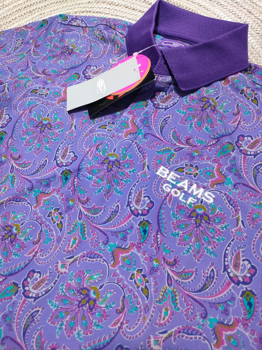 新品 日本製 定価18700 BEAMS GOLF パープルレーベル ペイズリー 半袖 ポロシャツ M 紫 ストレッチ UVカット ドライ機能 ビームス ゴルフ _画像2