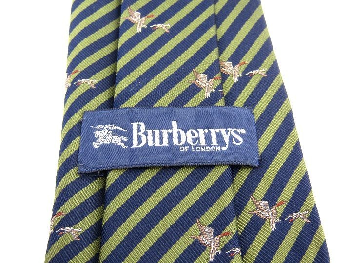 バーバリーズ ストライプ柄 鳥柄 動物 高級 シルク ブランド ネクタイ メンズ カーキ緑 良品 Burberrys_画像3