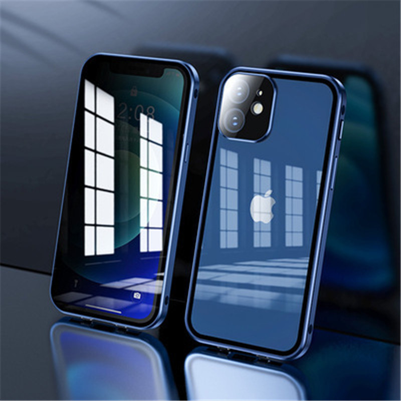 iPhone 14 ケース 覗き見防止 アルミ バンパー 強化ガラス フルカバー 両面 360度 全面保護 スマホケース おしゃれ ブルー ワイヤレス充電の画像4