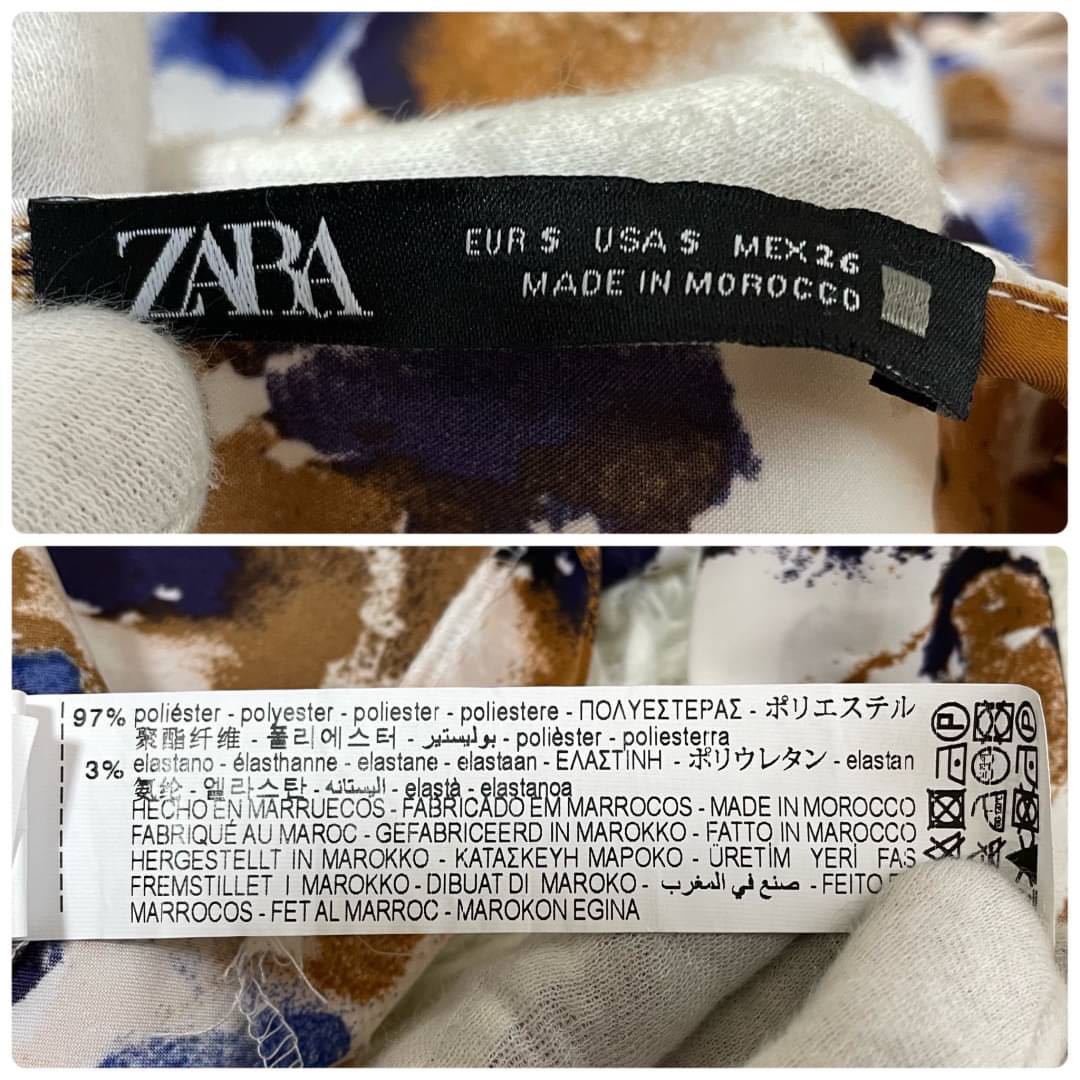 ZARA【大人綺麗スタイル 美品】長袖ワンピース ドレス 夏の夜に映える 素敵 総柄 マルチカラー 青 茶 ザラ S レディース